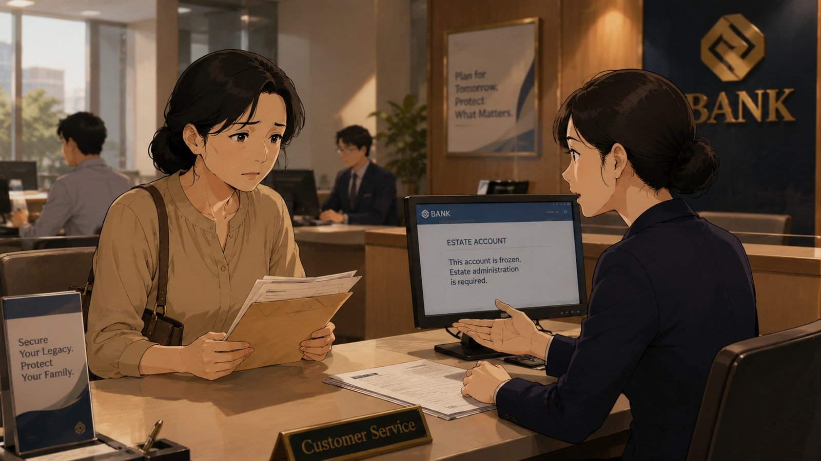 A woman at a bank counter with a bank officer explaining that an estate account requires administration before it can be accessed