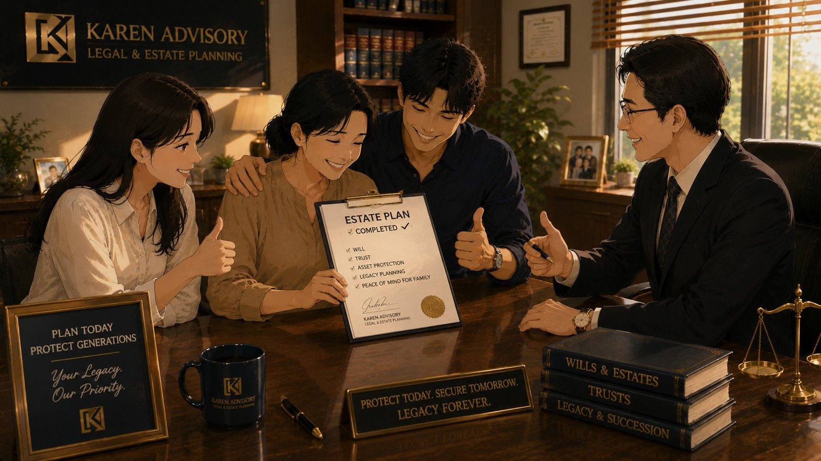 A family celebrating a completed estate plan checklist together with their advisor